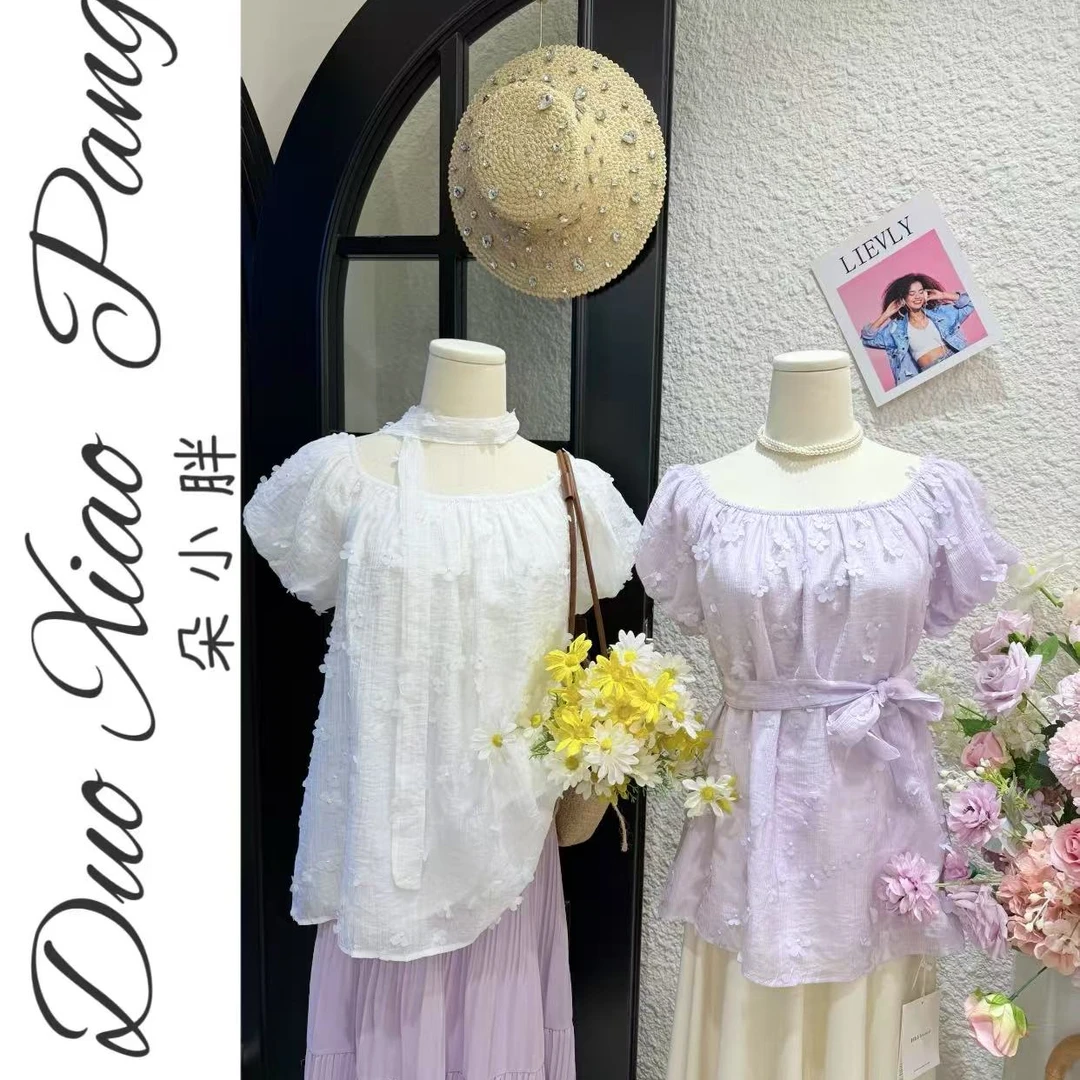 立体花朵一字肩泡泡袖设计感衬衫女夏季大码胖MM洋气显瘦小衫8222