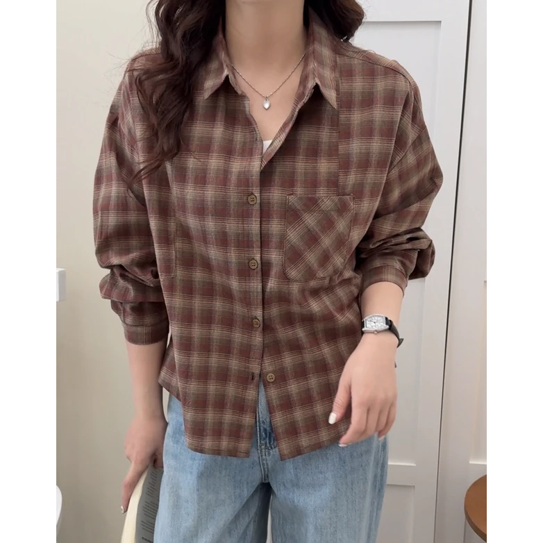 秋季新款翻领格纹文艺复古格子衬衫女宽松长袖格子百搭设计感韩版