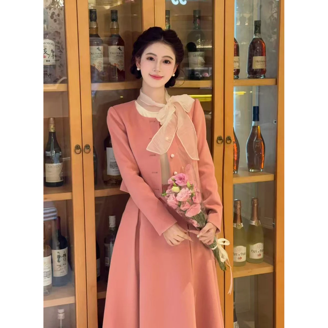 LiLi李李家【清甜蜜桃】韩系温柔风粉色毛呢外套半裙套装XMZH9313