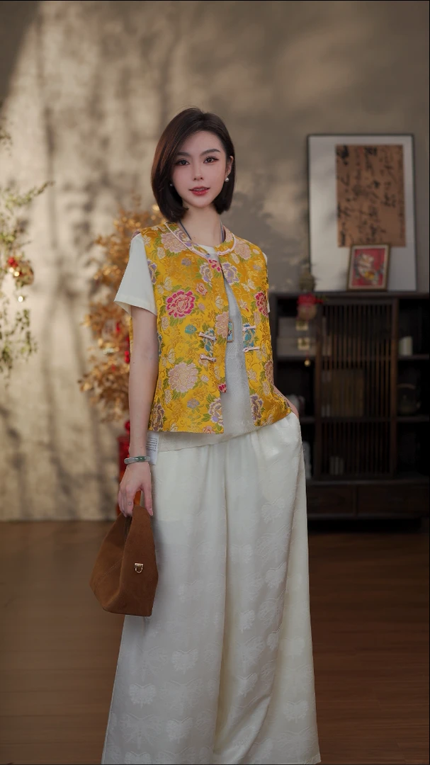 GONG QUE【富贵牡丹】 新中式早春款提花丝毛对襟马甲 242529