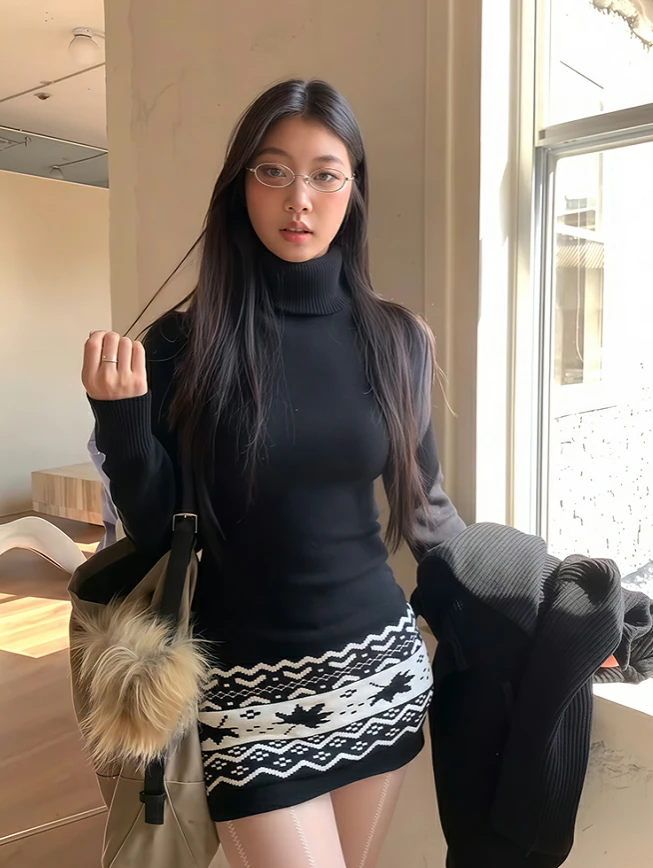 复古提花高领针织连衣裙女秋冬气质时尚黑色修身包臀短裙毛衣裙