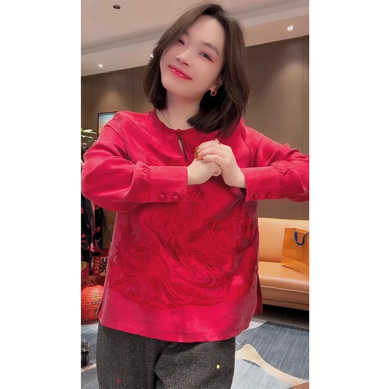 新中式国风百搭宽松圆领衬衫潮2026春季新款气质休闲纯色套头上衣