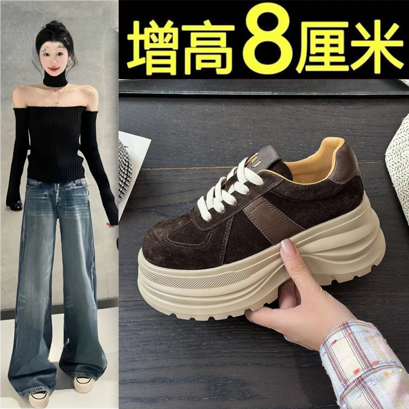 磨砂皮复古休闲鞋女2025秋季新款小个子厚底8CM时尚运动松糕板鞋