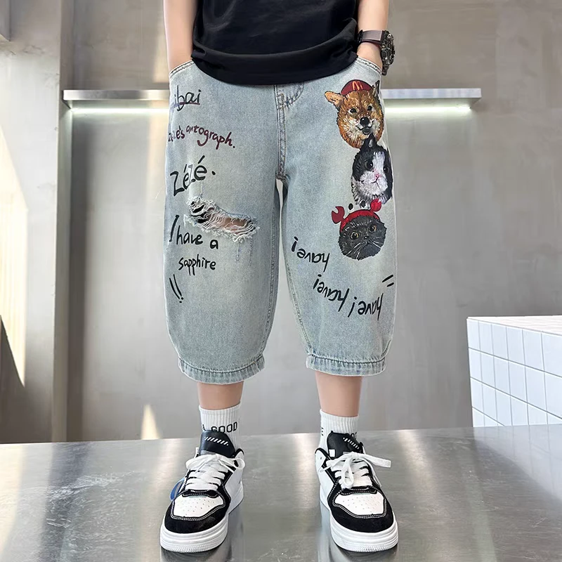 男童牛仔短裤夏季薄款2025新款中裤过膝帅气五分裤男孩中大童短裤