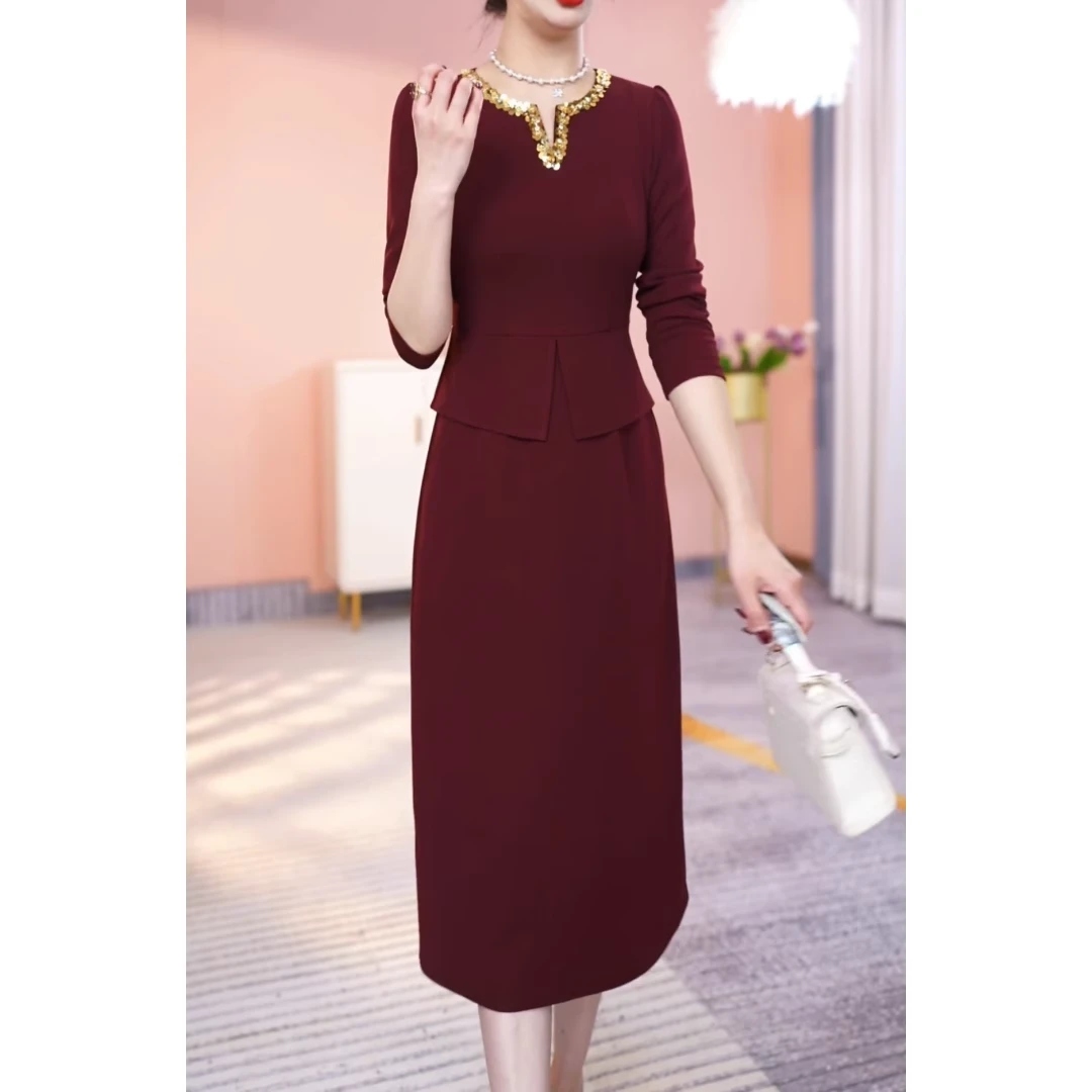 .喜婆婆中式气质覆古洋装春季新款婚宴礼服中长版假俩件裙子.