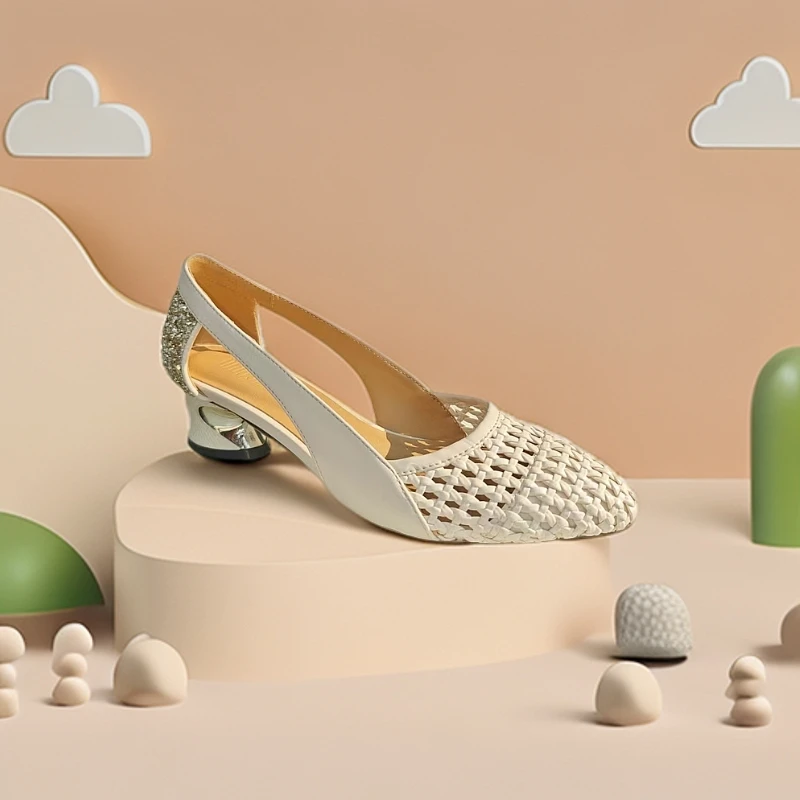 粗跟镂空浅口夏季单鞋气质法式高跟细跟包头编织r3100