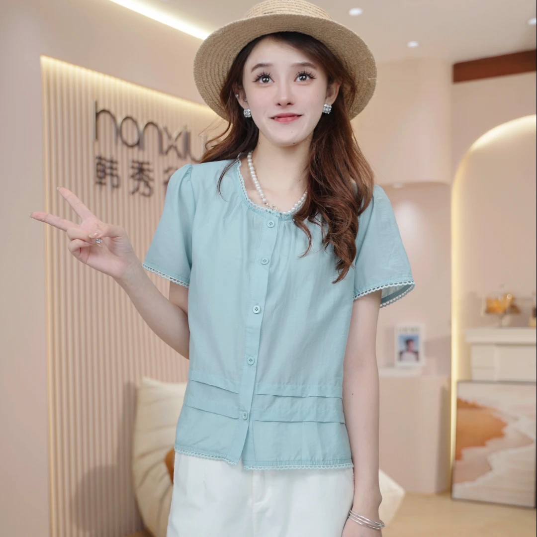 2025新款气质温柔甜蜜单排扣花边领压褶下摆时尚显瘦减龄衬衫B130