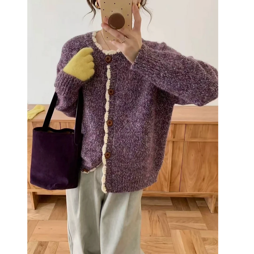 【花纱紫】花瓣领宽松开衫长袖显瘦百搭针织衫女毛衣