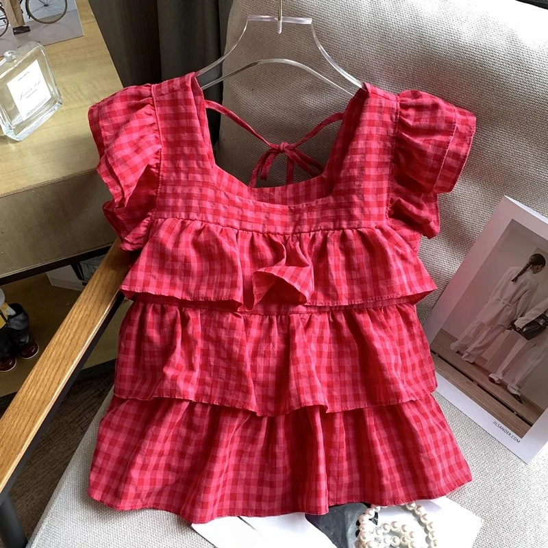红色格子露背娃娃小衫吊带木耳边女短款夏外穿背心飞袖无袖一字领