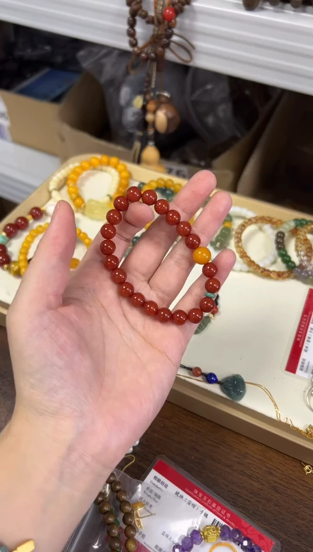 未镶嵌蜜蜡手链柿子红玛瑙蜜蜡顶珠手串8MM[1710]