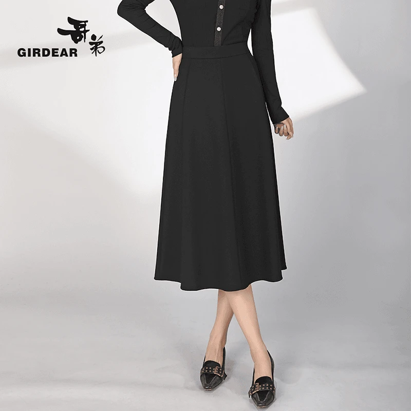 哥弟黑色法式高腰时尚气质中长款伞裙百搭显瘦女装半身裙1200336