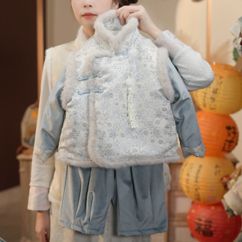 现货啵小爸【铃兰雪】2024春秋冬季男童新中式立体刺绣加绒加厚套装