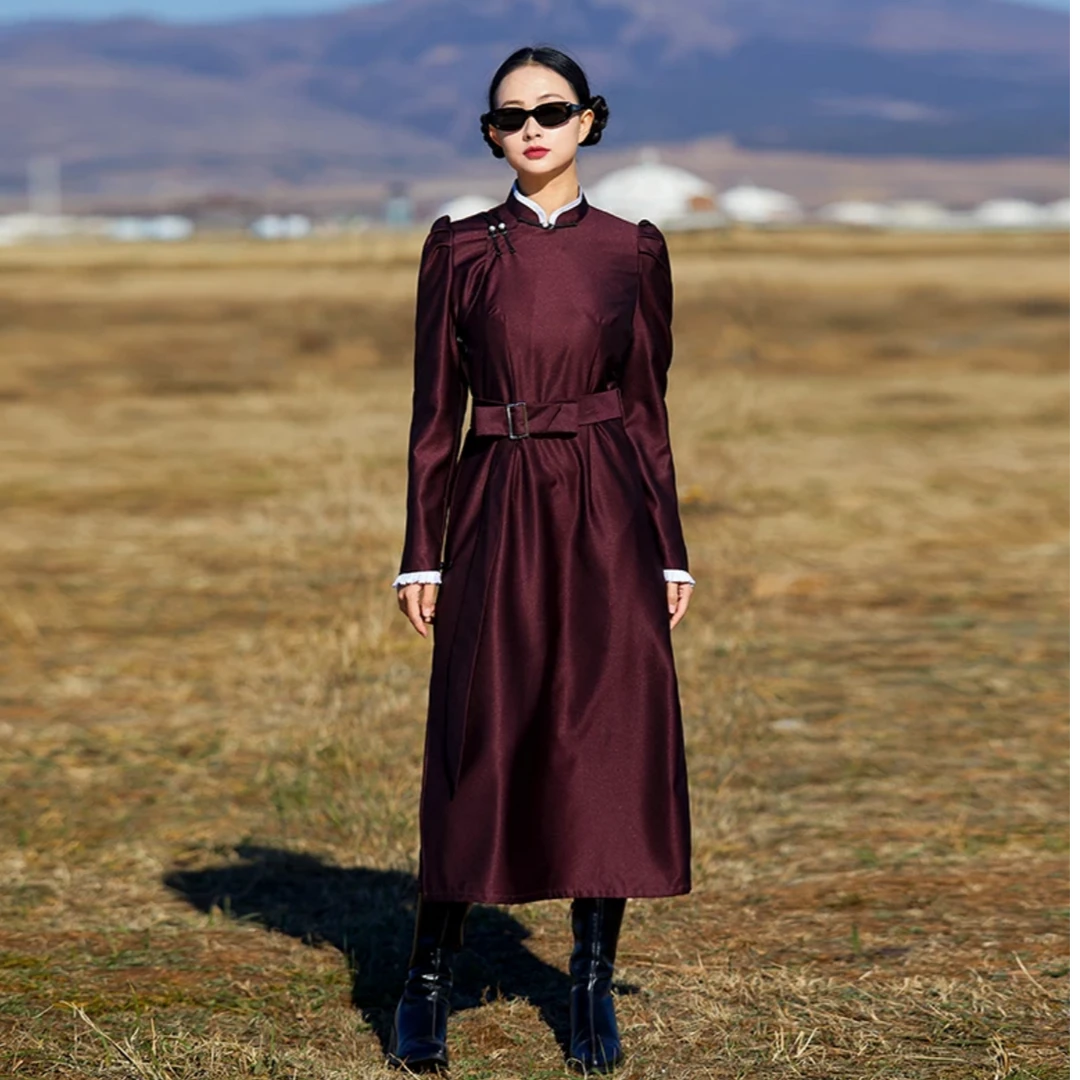 Adiyabrand时尚蒙古袍现代民族风连衣裙子长裙花边蒙古出游服装女