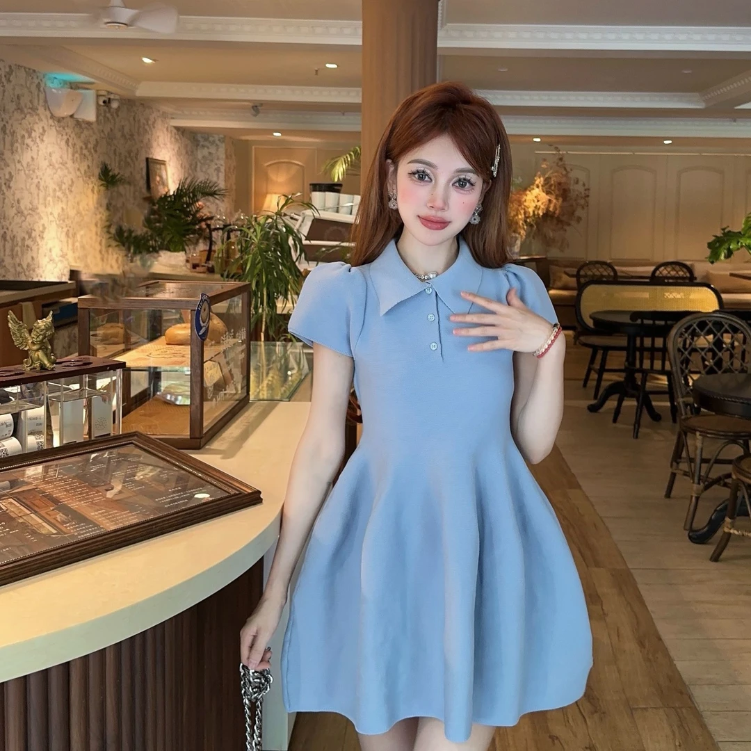 衬衫领弹力娃娃裙2025夏季新款设计感收腰显瘦蓬蓬a字短裙连衣裙