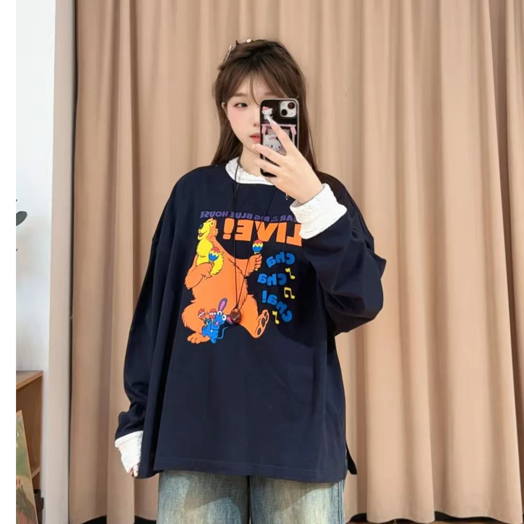 13572余小鱼 【跳舞小熊】藏青色印花圆领领口蕾丝花边设计T恤女装
