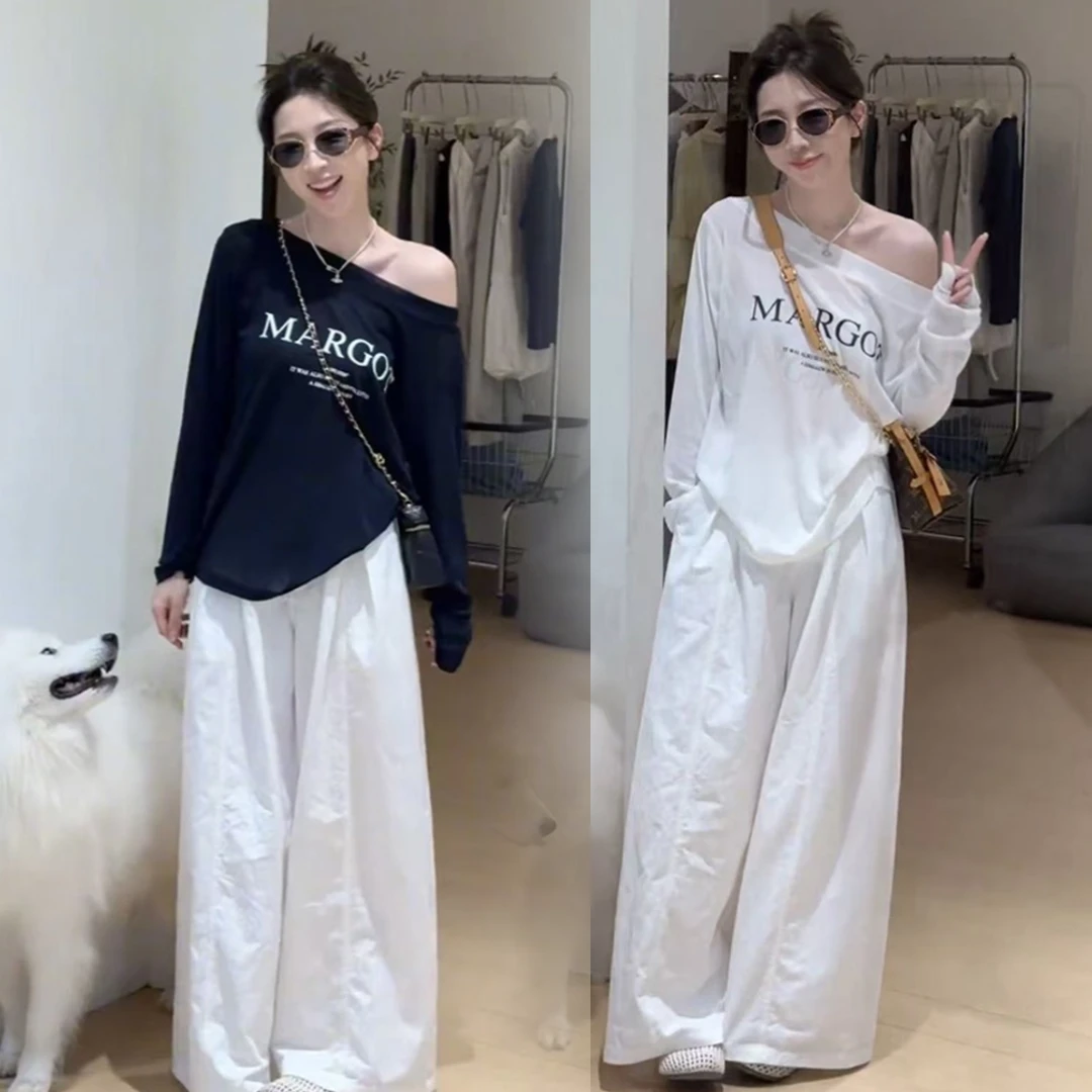 2025夏季新款韩系慵懒风斜肩防晒T恤上衣百搭阔腿裤显瘦两件套装