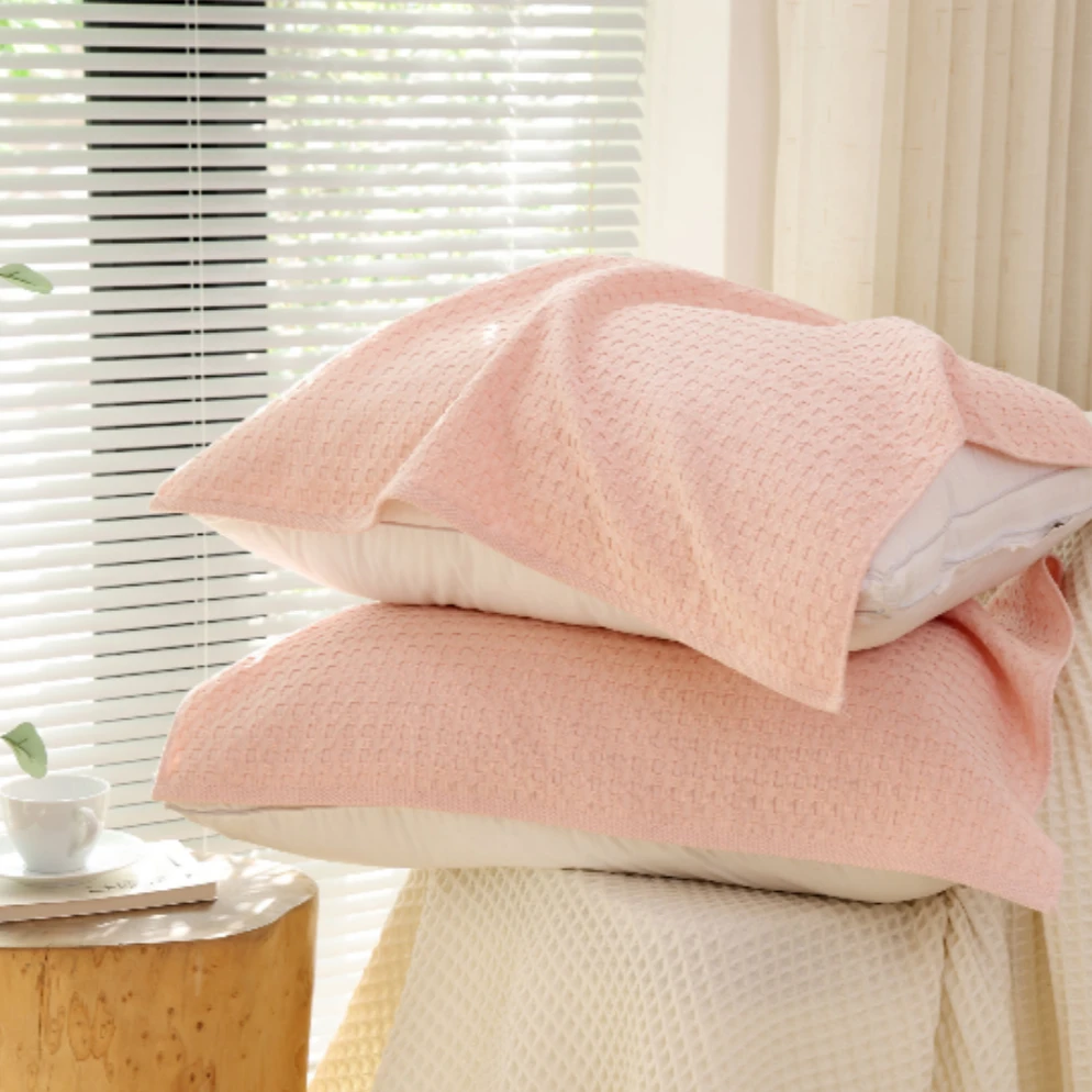 G577 纯棉华夫格枕巾一对两只 粉50*80净版粉色纯色柔软舒适亲肤