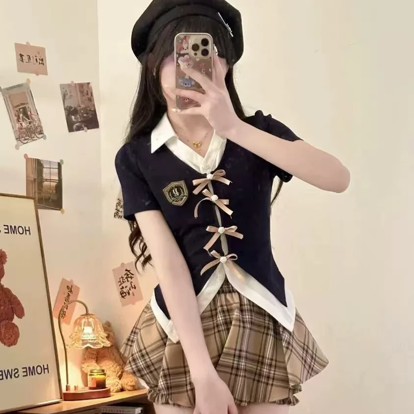 美式复古学院风日系jk上衣短袖半身裙a字裙套装甜辣甜美可爱衬衫