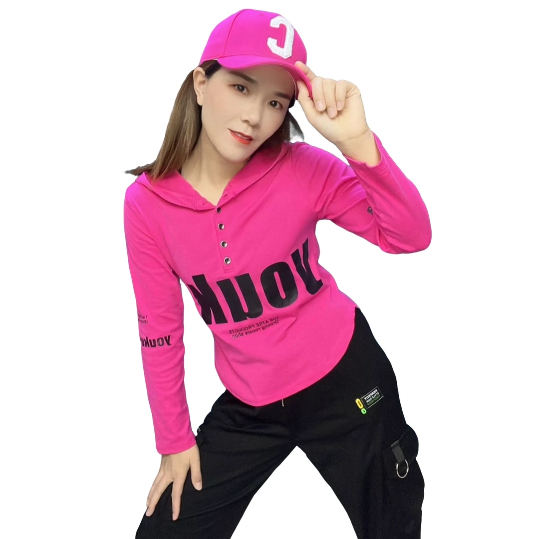 女士韩版服装短款修身长袖秋季修身型印花休闲T恤常规连帽