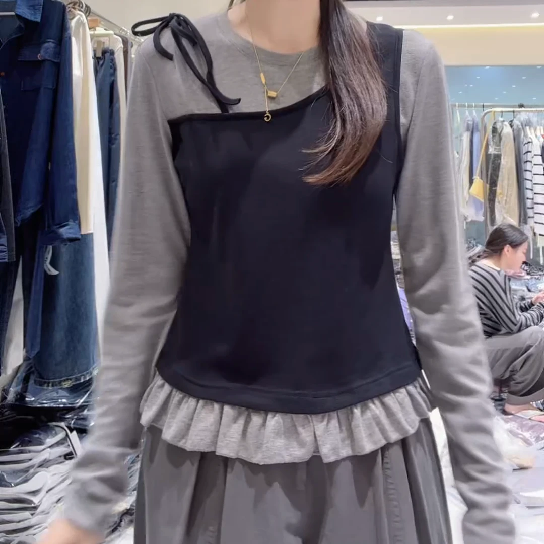 秋季新款设计感肩部系带假两件拼接上衣C5882