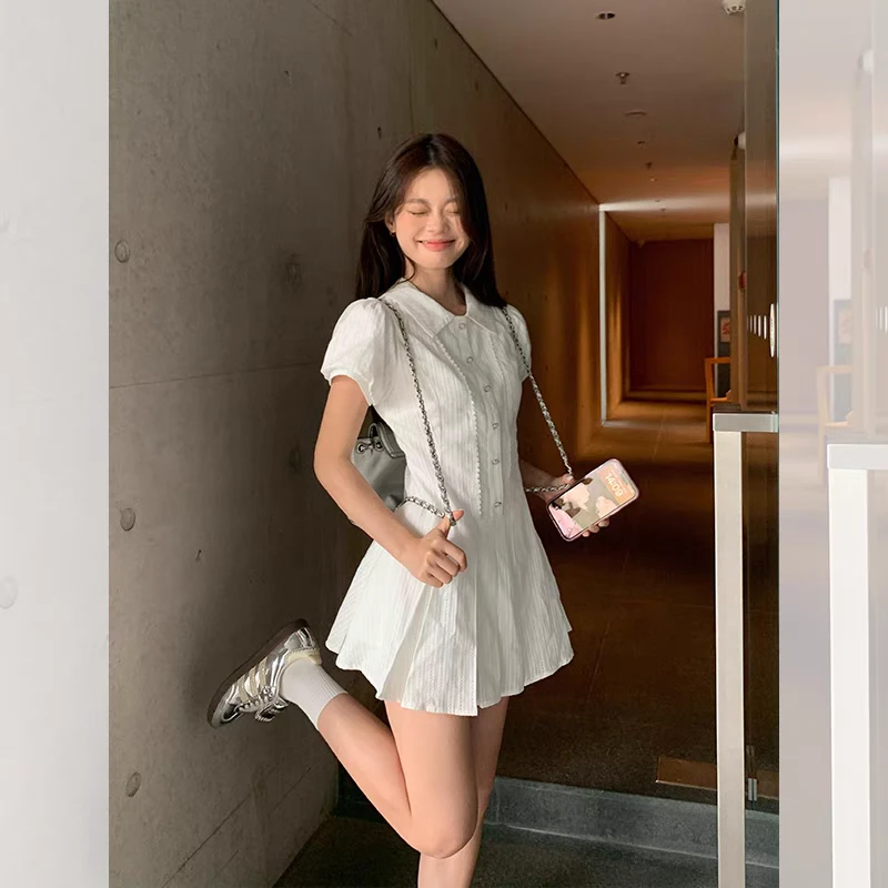 宋正恩学院风泡泡袖衬衫连衣裙女夏季气质收腰小个子短裙ZSSL303