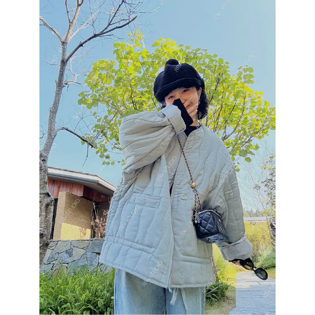 21322高级感水波纹圆领棉服外套女简约纯色休闲舒适宽松上衣