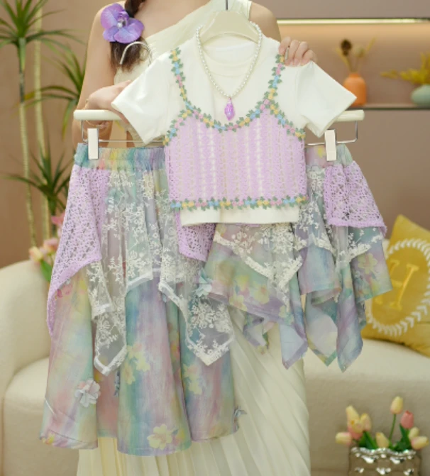逗小铺【七尚】夏款女童假两件波西米亚风短袖韩版拼接长裙套装m096