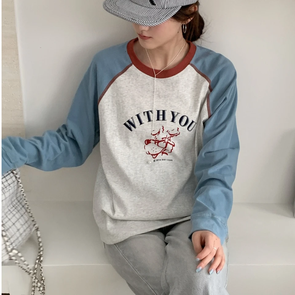 【撞色插肩韩系印花T恤】