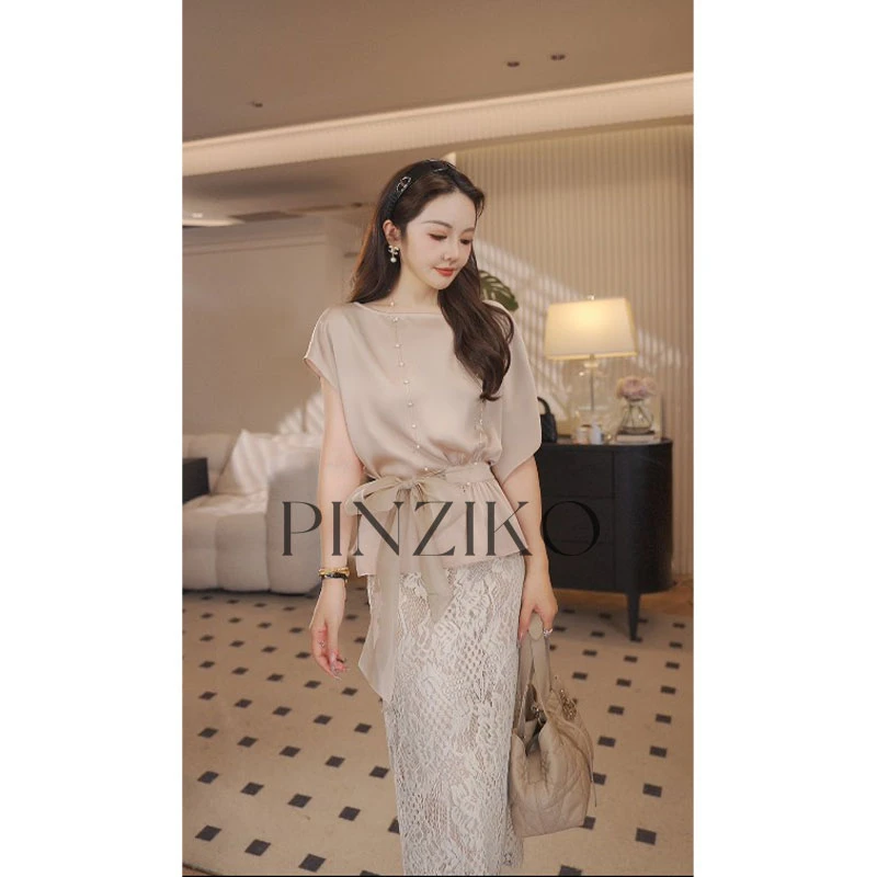 【PINZIKO女装】粉黛~醋酸系带短袖T恤女夏季显瘦不规则上衣TJF125