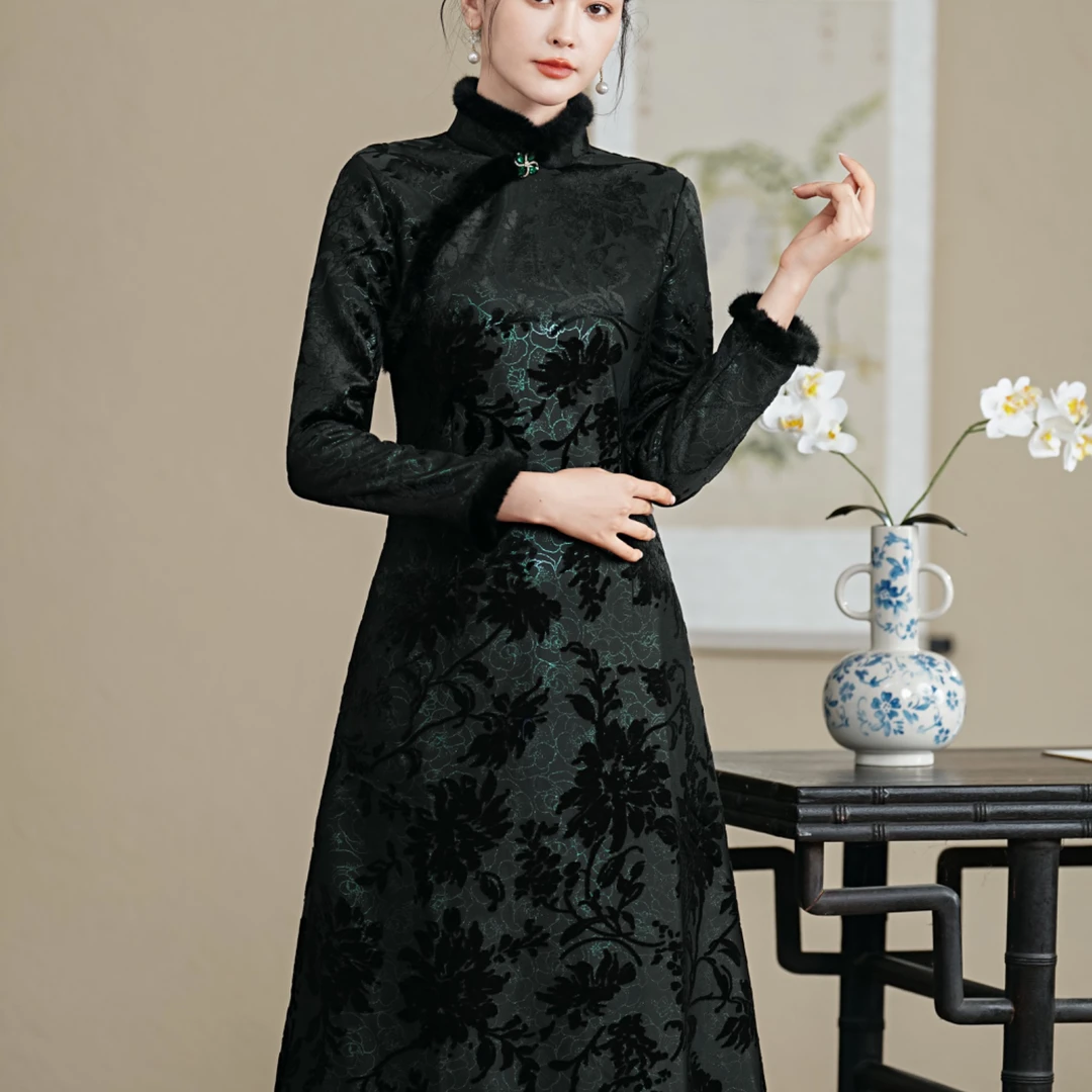 数星汇 旗袍长款日常大码不开叉加绒加厚保暖旗袍新中式国风款