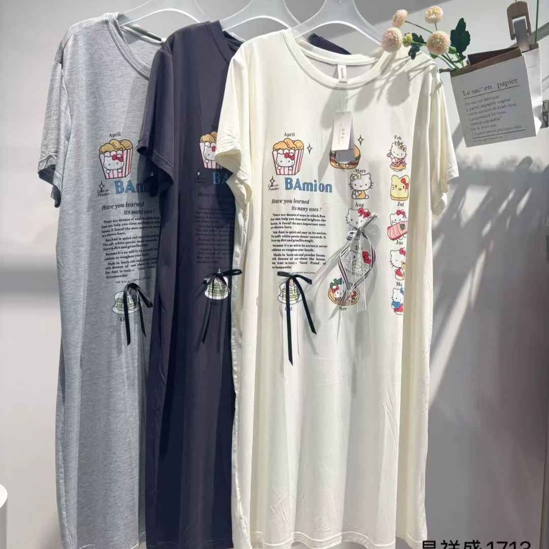 严选福利  女士带胸垫印猫咪圆领套头短袖裙1713