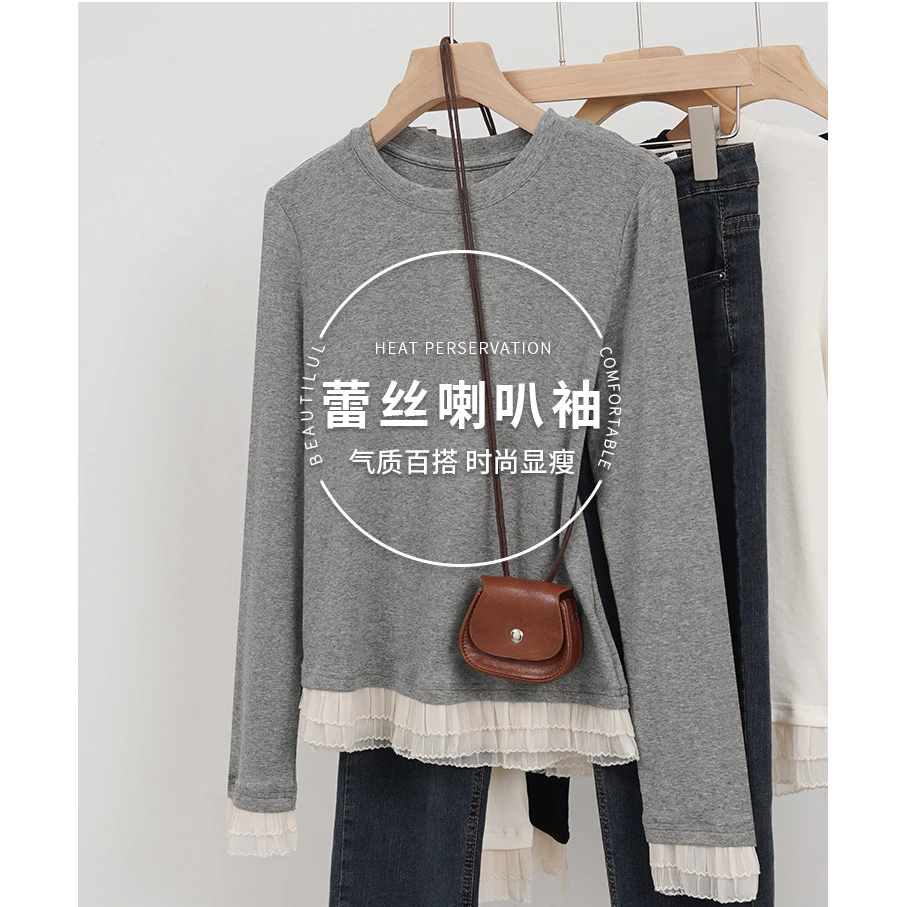 蕾丝喇叭袖打底衫女2025新款春季假两件立领长袖t恤上衣洋气内搭