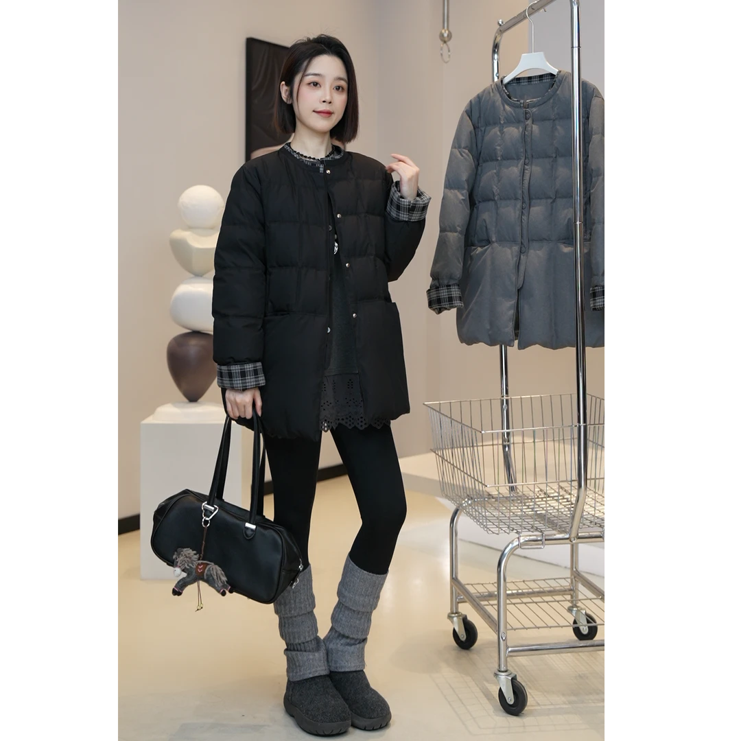 12.31【芜阅】冬季新款圆领中长款百搭90白鸭绒羽绒服E790