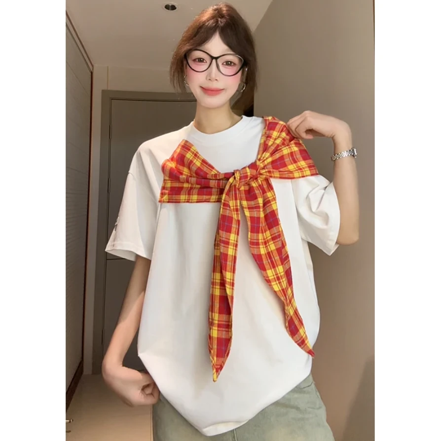 美式复古高街格子拼接短袖T恤男女夏季学院风宽松显瘦情侣上衣潮