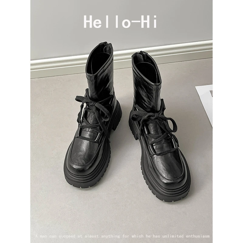 复古英伦风厚底短靴女马丁靴2025新款系带秋冬百搭后拉链显瘦靴子