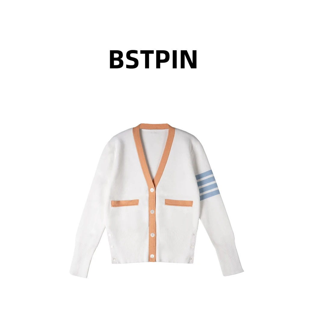 BSYPIN/伯尚优品 学院风撞色针织开衫长袖V领条纹宽松上衣