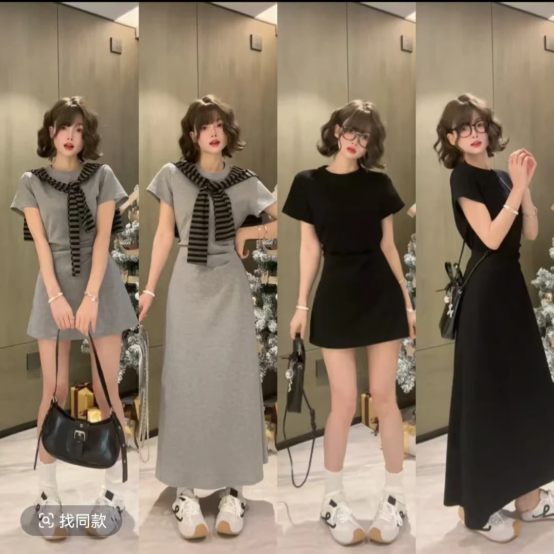 大码女装街头风极简风夏季短袖圆领连衣裙时尚显瘦复古韩版长裙