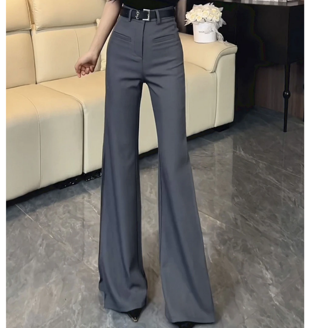 灰色高腰微喇西装休闲裤女秋季新款大码胖mm显瘦知性风垂感喇叭裤