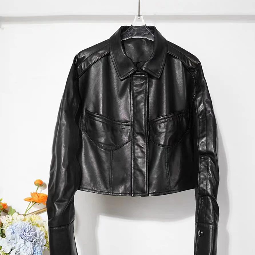 海宁真皮皮衣女士头层绵羊皮半植鞣荷叶边袖子机车短装外套