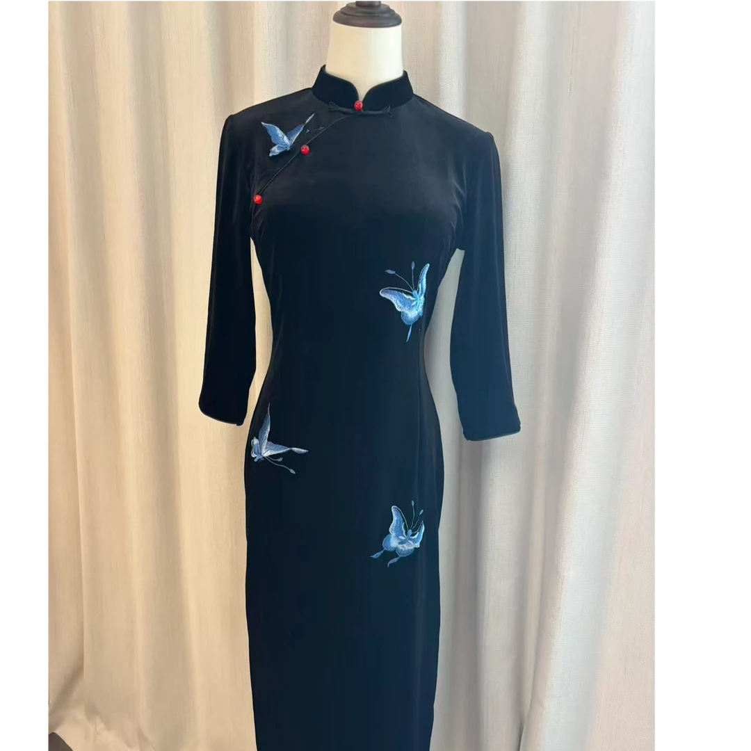 江南春【蓝蝶絮】新中式文艺港风复古高端刺绣日常旗袍奢华气质