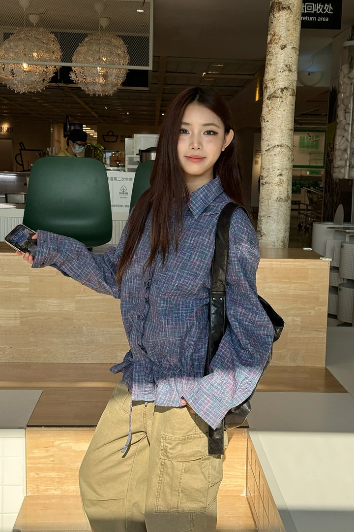 CBL菜不辣美式复古小众INS休闲街头宽松泡泡格子长袖衬衫春秋