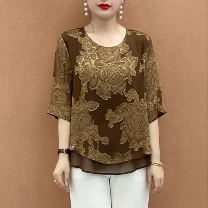 洋气减龄宽松百搭衫2025夏季新款时尚气质国风提花妈妈装中袖上衣