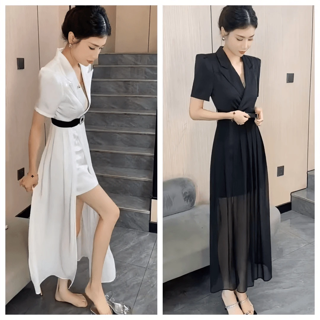 短袖气质纯色西装连衣裙2024夏季新款显瘦百褶裙时尚高档裙子