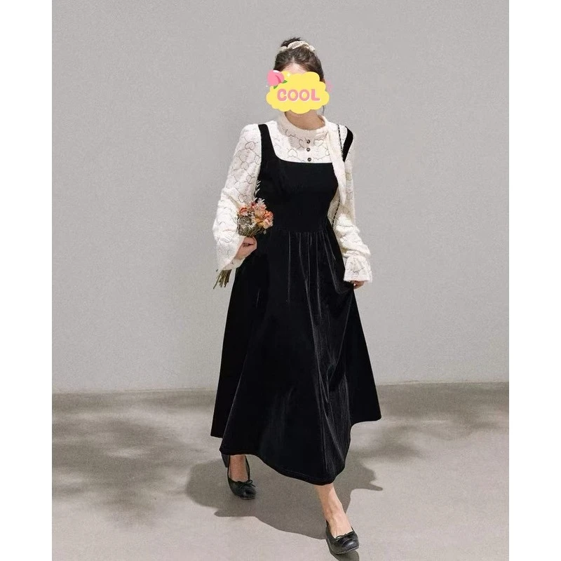 大码法式时尚高级感连衣裙撞色丝绒花苞裙长款88185#短款88183#