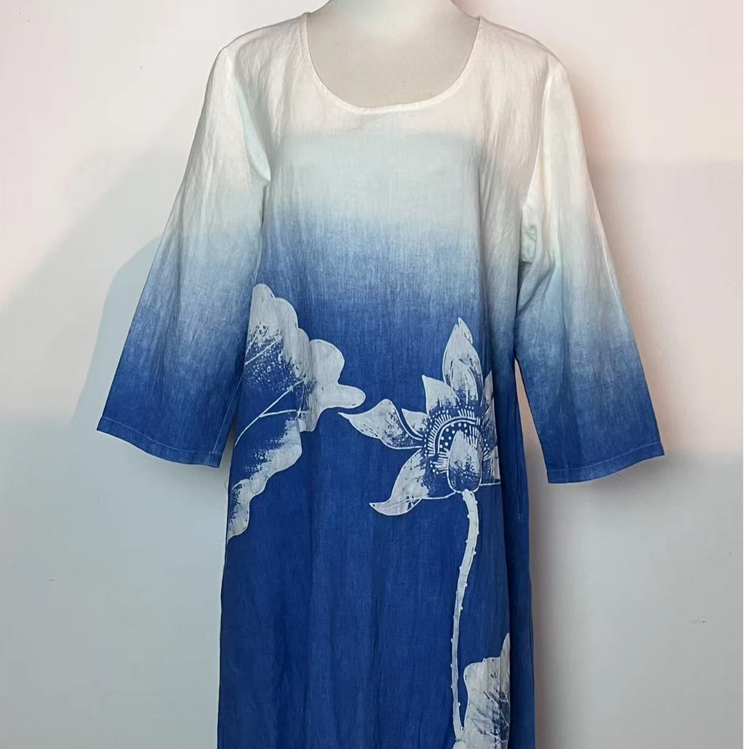 蓼蓝之恋宽松腰新中式中国风扎染连衣裙蓝色中长款百搭日常慵懒风