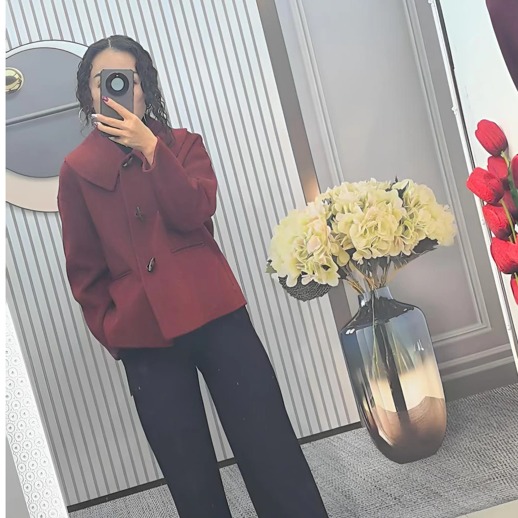 娃娃领短款纯色秋冬100高织绵羊毛外套时尚休闲秋季翻领