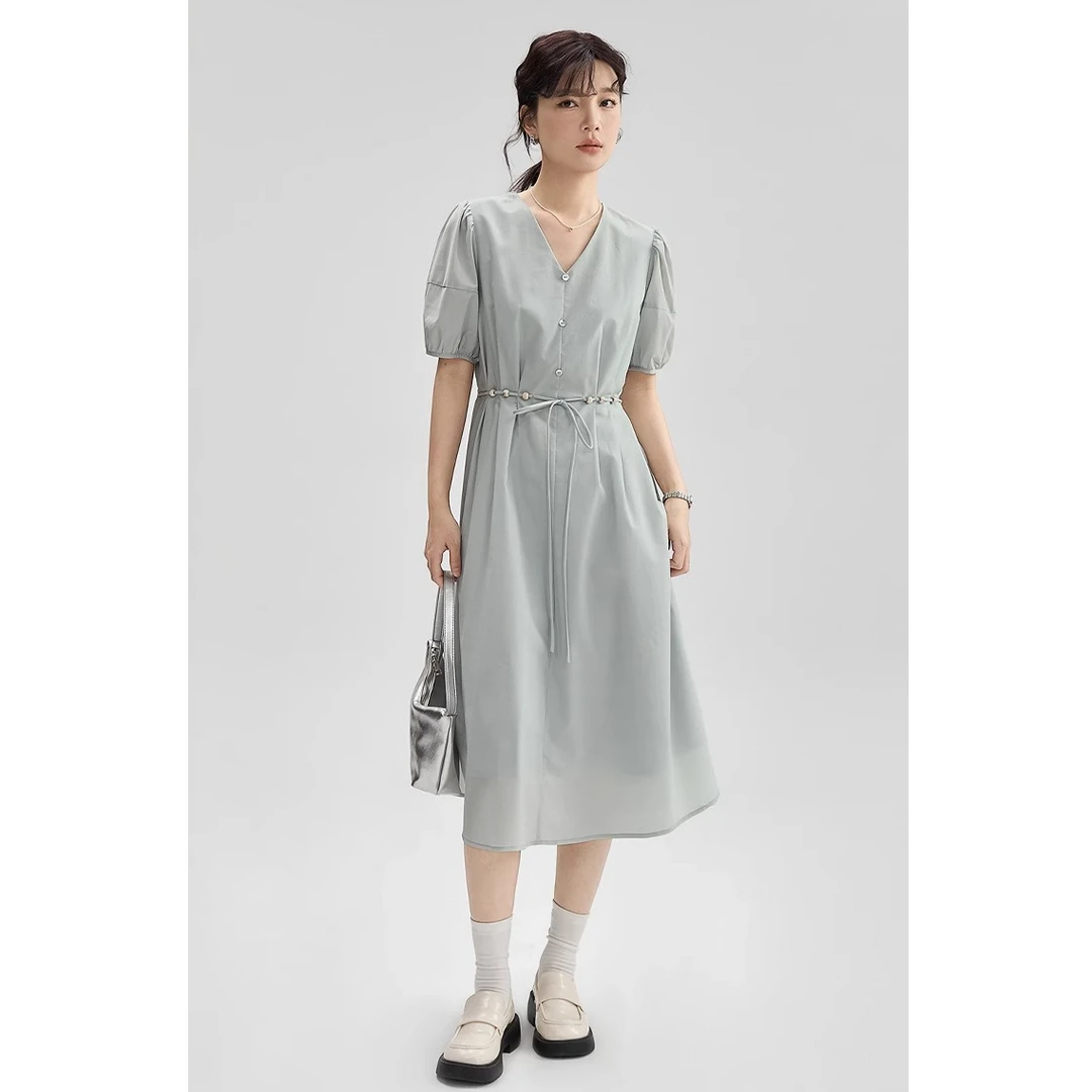 [GUIER]v领泡泡袖连衣裙女系带褶皱收腰显瘦垂感气质裙子G5613
