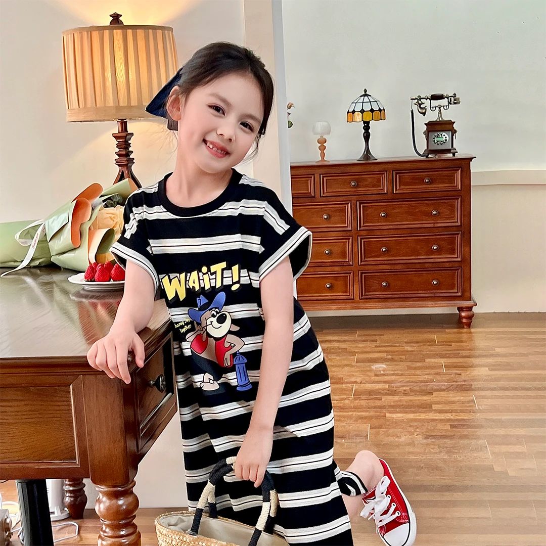 现货【条纹亲子裙】5345女童单层连衣裙夏装时尚卡通条纹短袖裙子
