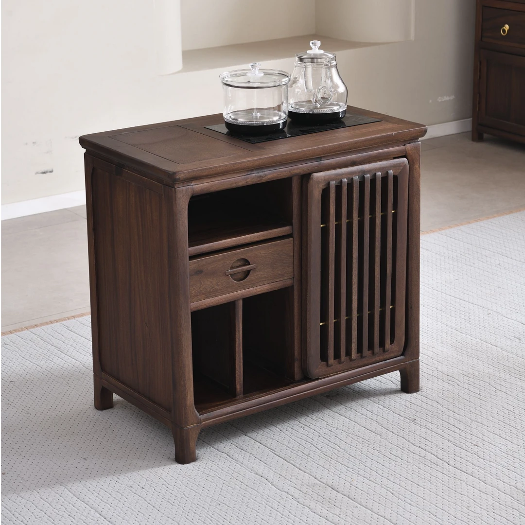 新中式黑胡桃木茶水柜茶边几下置水桶储物柜实木小型茶水台餐边柜