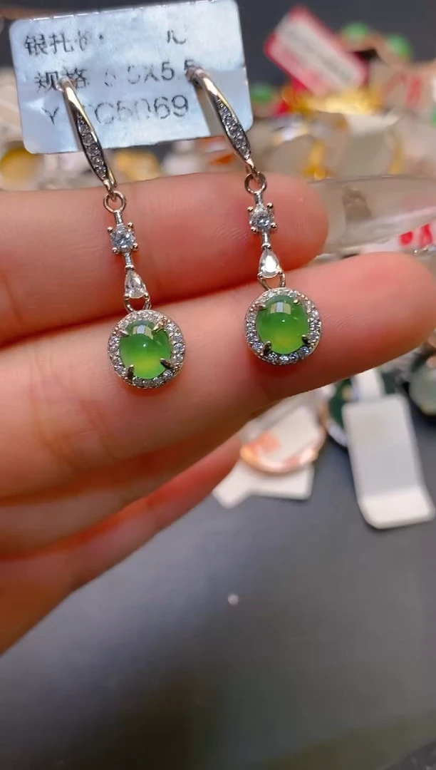【闪购商品】翡翠耳饰银S925镶嵌天然A货翡翠1